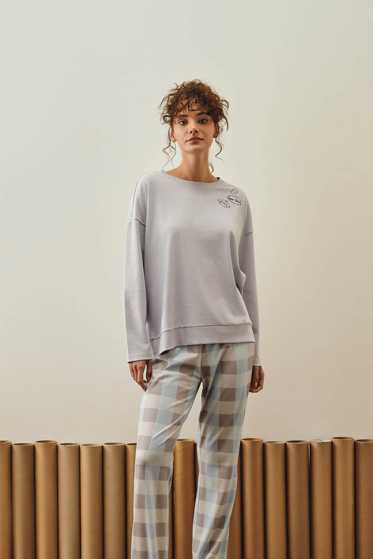 Kadın Pamuklu Paça Kıvırma Detaylı Uzun Pijama Altı