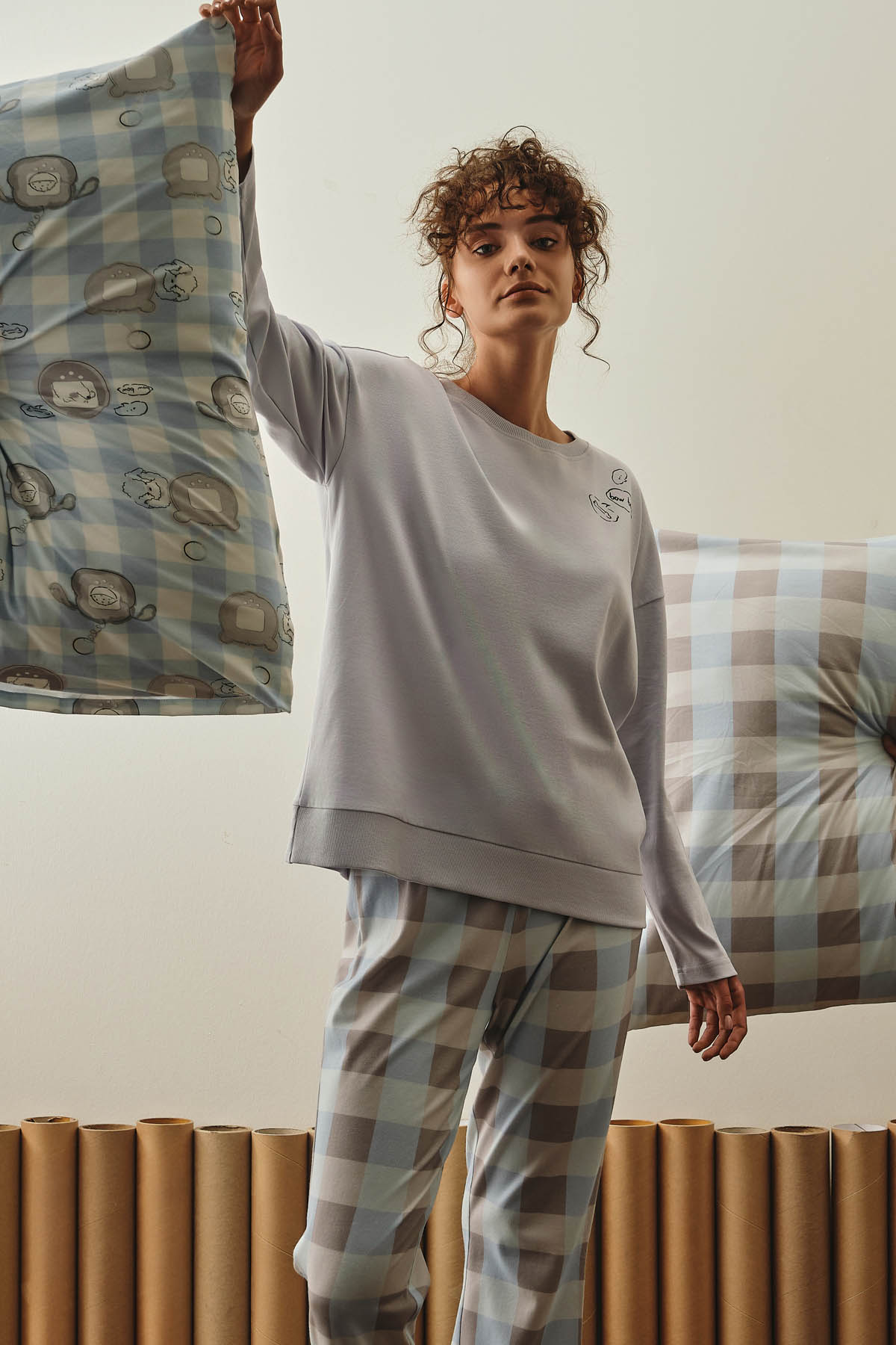 Kadın Pamuklu Paça Kıvırma Detaylı Uzun Pijama Altı