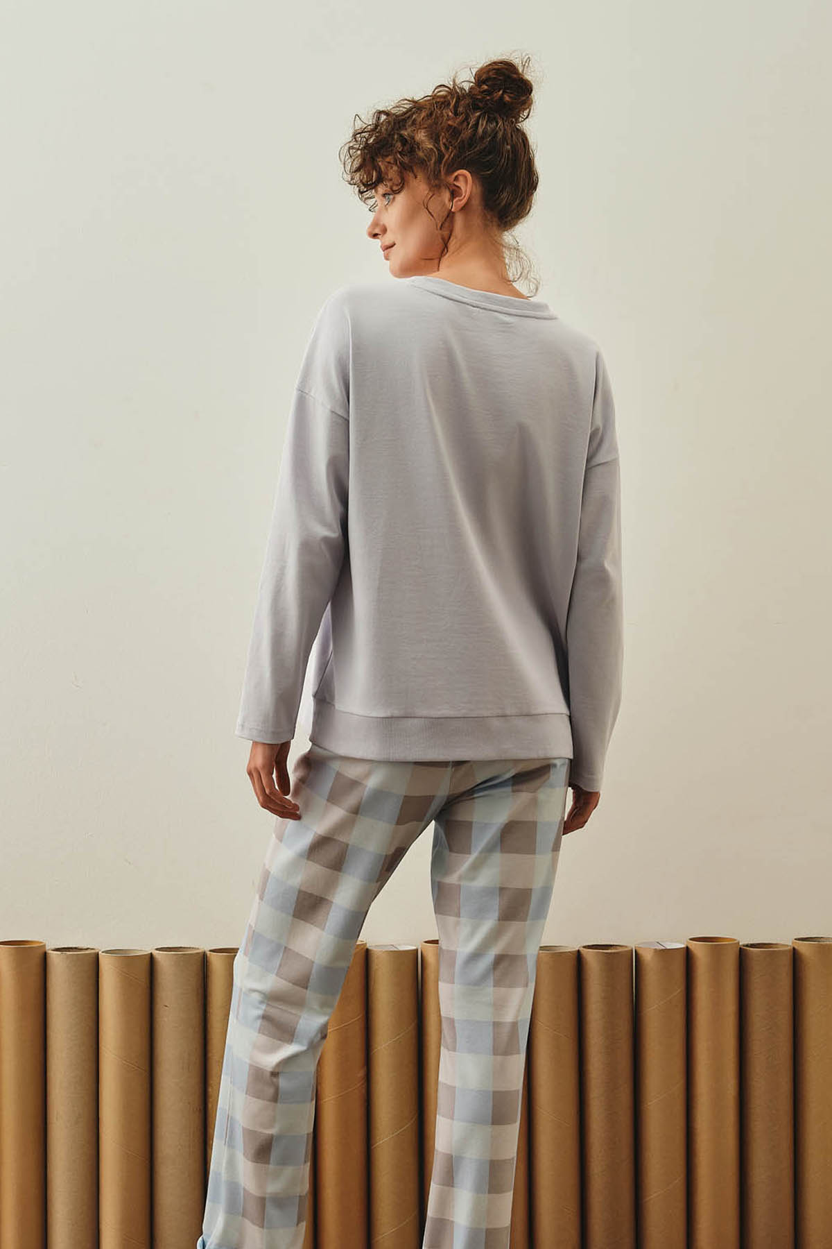 Kadın Pamuklu Paça Kıvırma Detaylı Uzun Pijama Altı