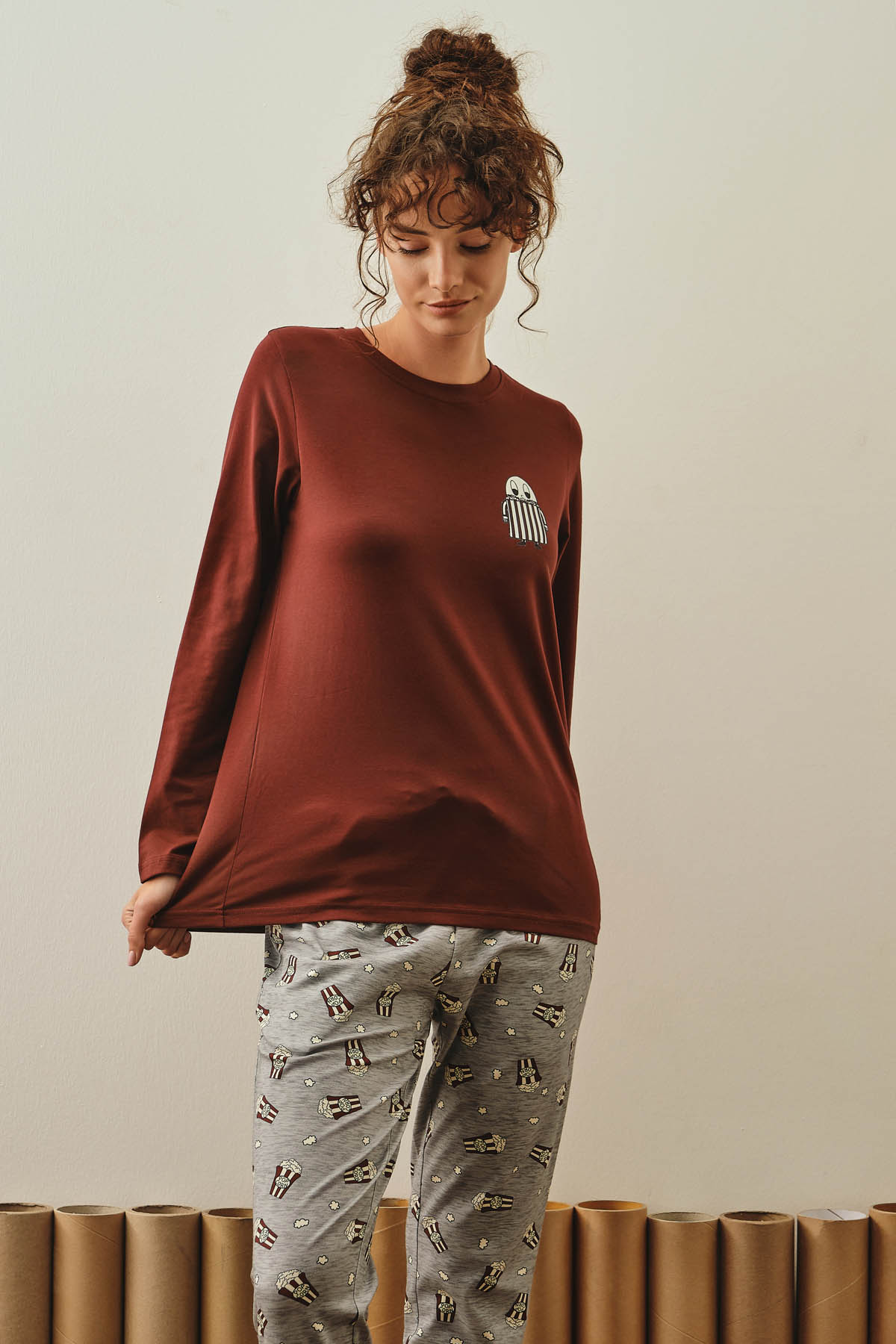 Kadın Pamuklu Uzun Kollu Pijama Üstü