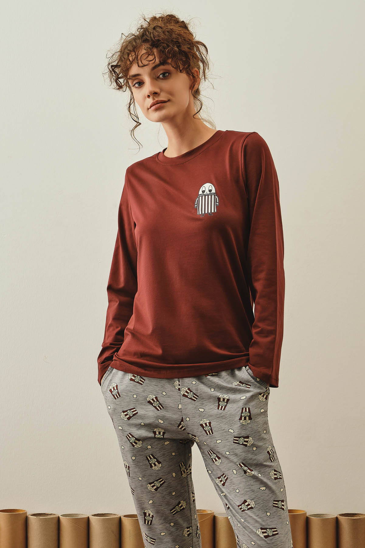 Kadın Pamuklu Uzun Kollu Pijama Üstü