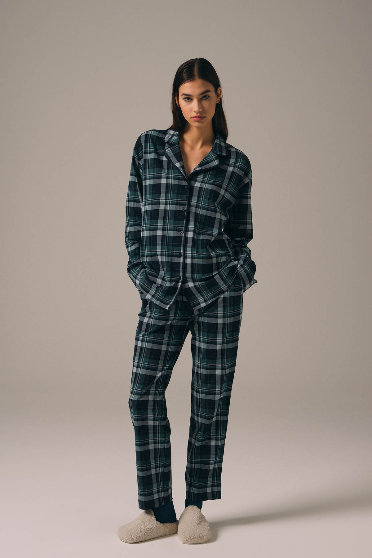 Kadın Pamuklu Gömlek Yaka Pijama Üstü