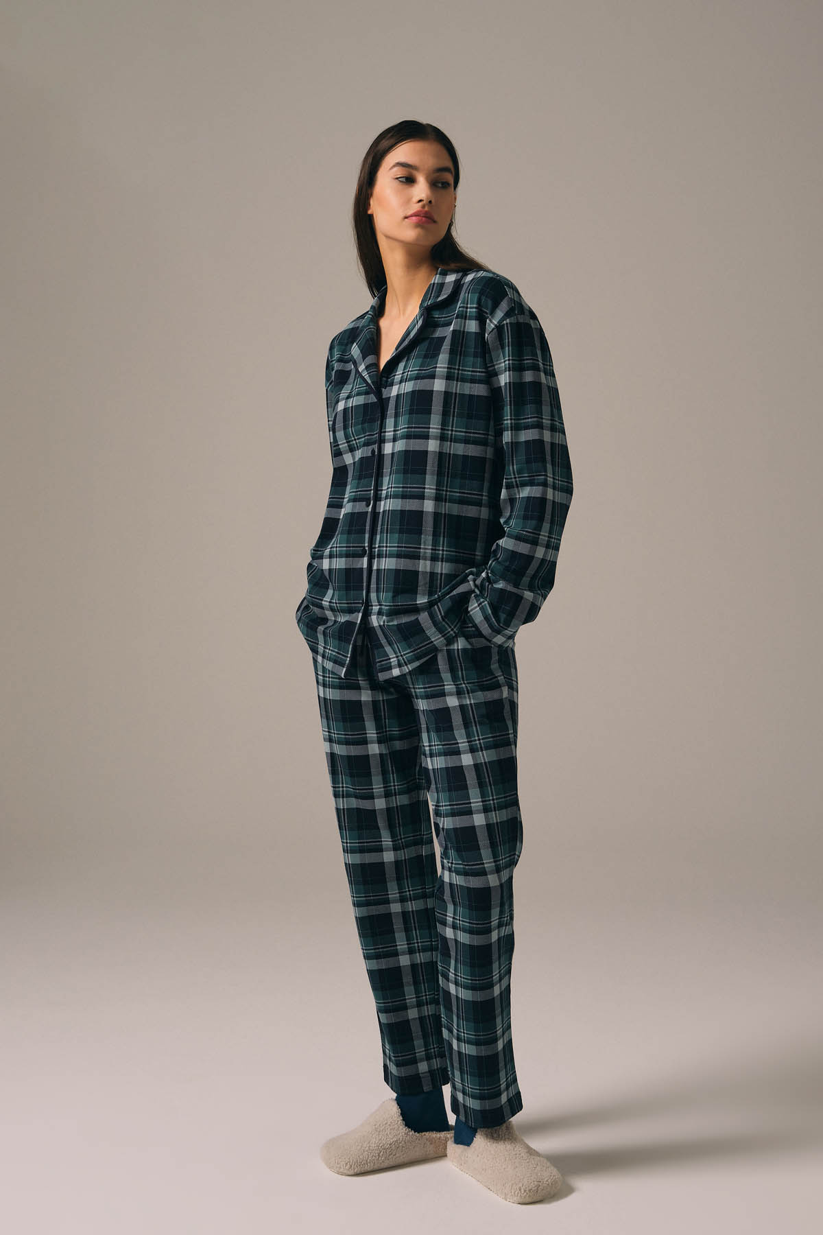 Kadın Pamuklu Gömlek Yaka Uzun Pijama Takımı