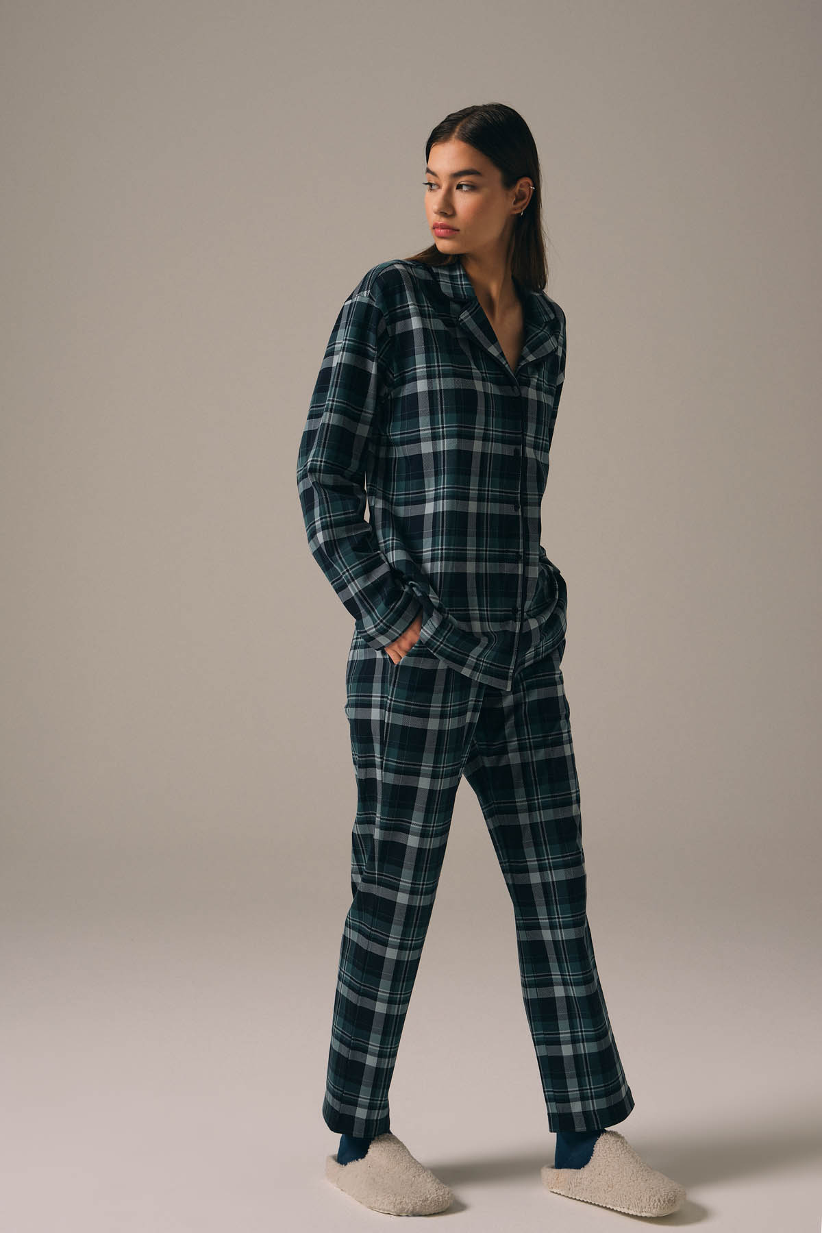 Kadın Pamuklu Gömlek Yaka Uzun Pijama Takımı