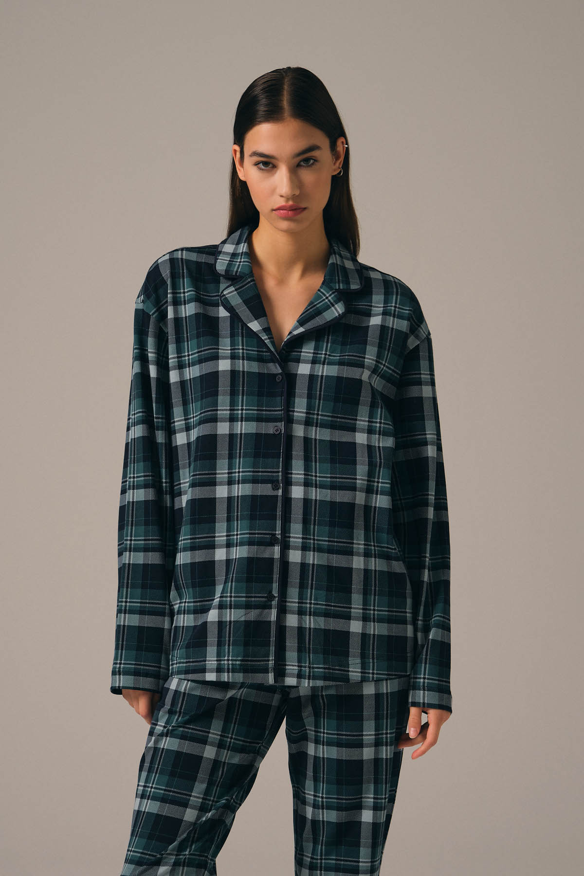 Kadın Pamuklu Gömlek Yaka Uzun Pijama Takımı