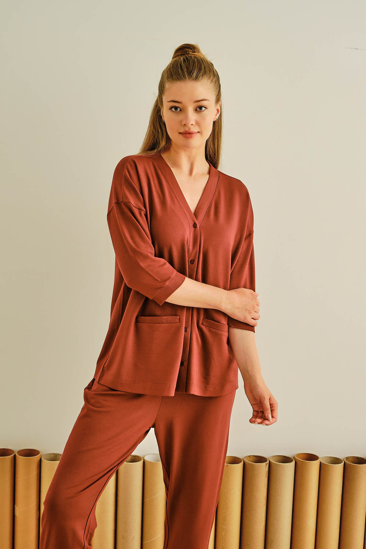 Kadın Büyük Beden İki İplik Modal Ev Giyim Gömlek