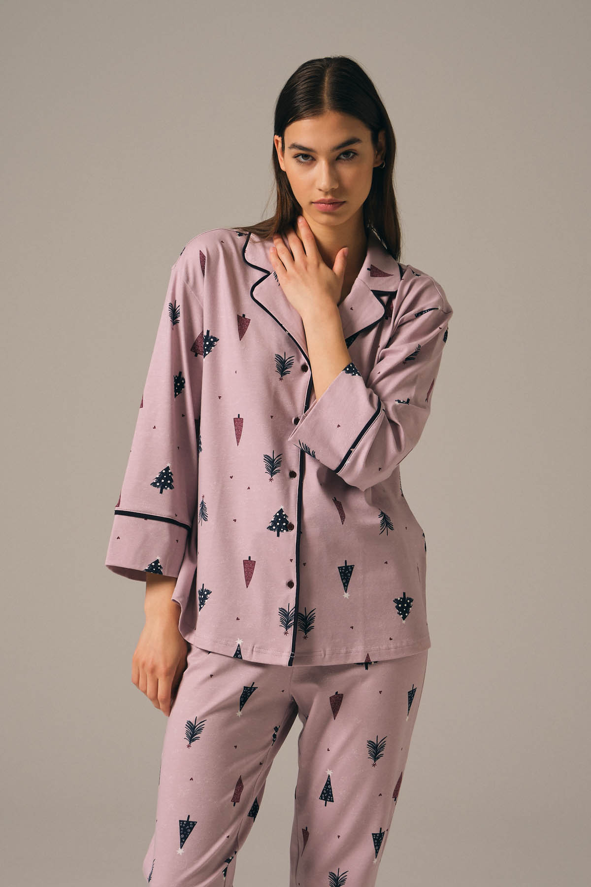 Kadın Pamuklu Gömlek Yaka Pijama Üstü