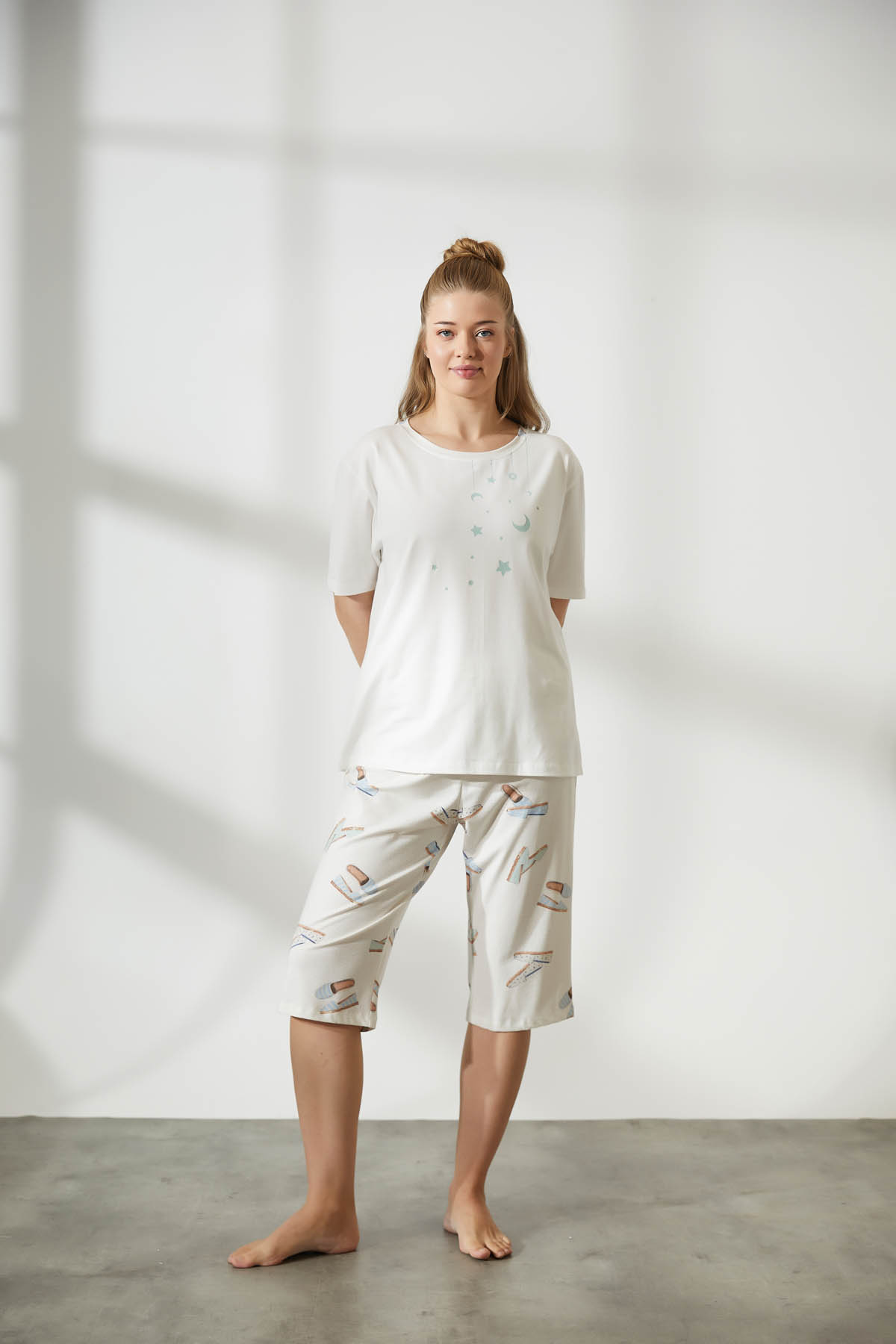 Kadın Plus Size Pamuklu Kısa Kollu Kapri Pijama Takımı