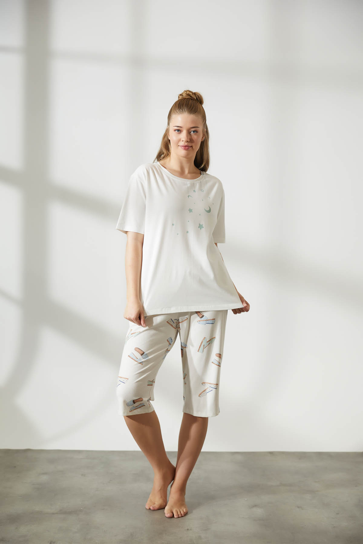Kadın Plus Size Pamuklu Kısa Kollu Kapri Pijama Takımı