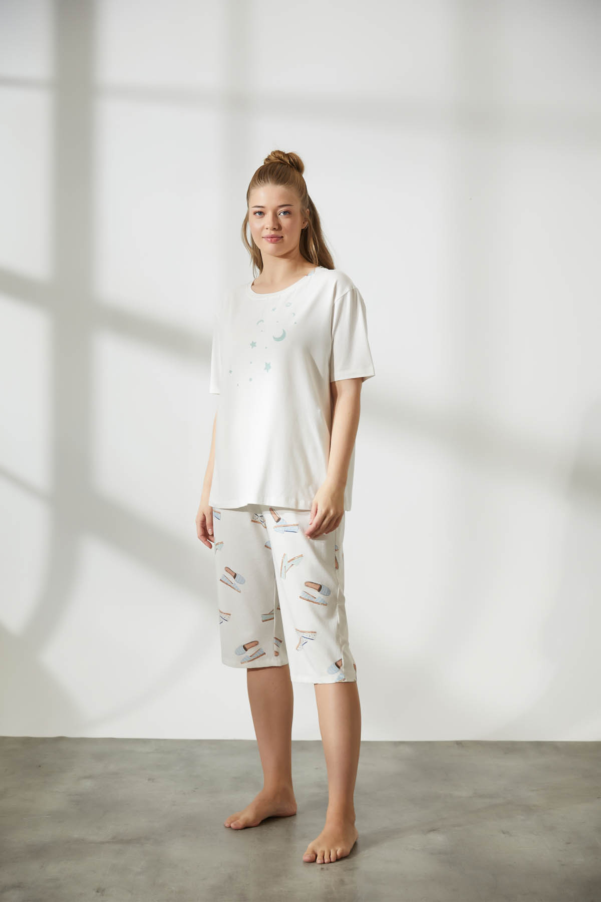 Kadın Plus Size Pamuklu Kısa Kollu Kapri Pijama Takımı