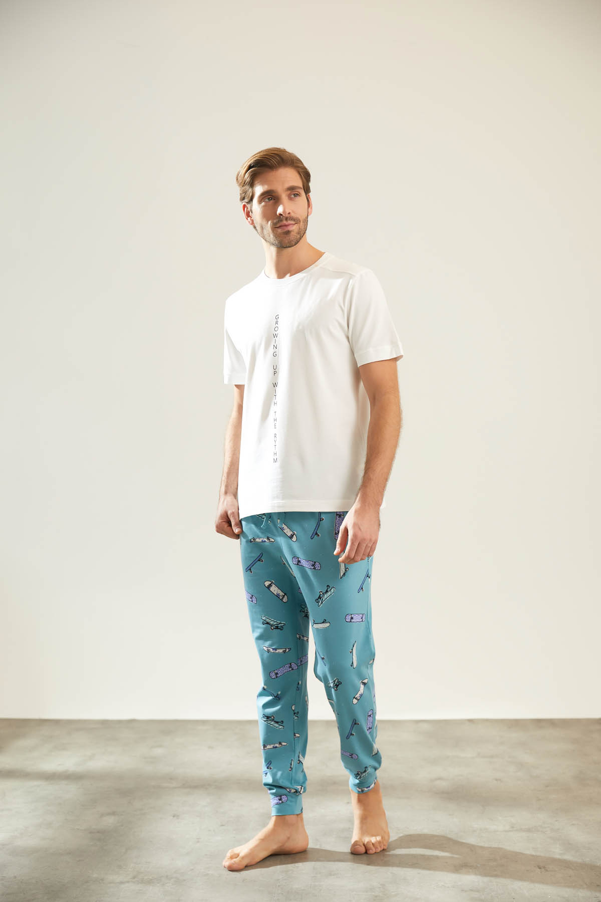 Erkek Pamuklu Kısa Kollu Uzun Pijama Takımı