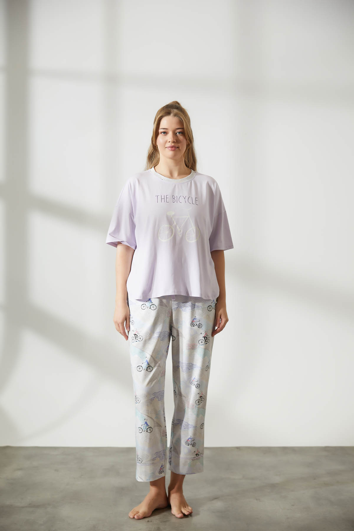 Kadın Plus Size Pamuklu Kısa Kollu Uzun Pijama Takımı