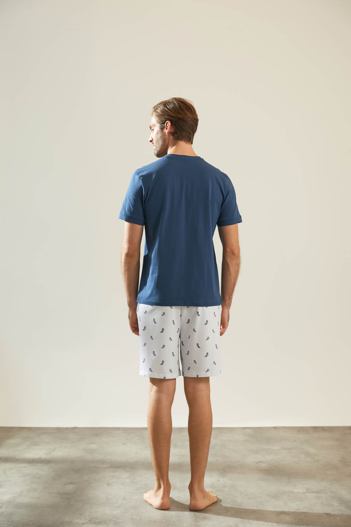 Erkek Pamuklu Kısa Kollu Cepli Şortlu Pijama Takımı
