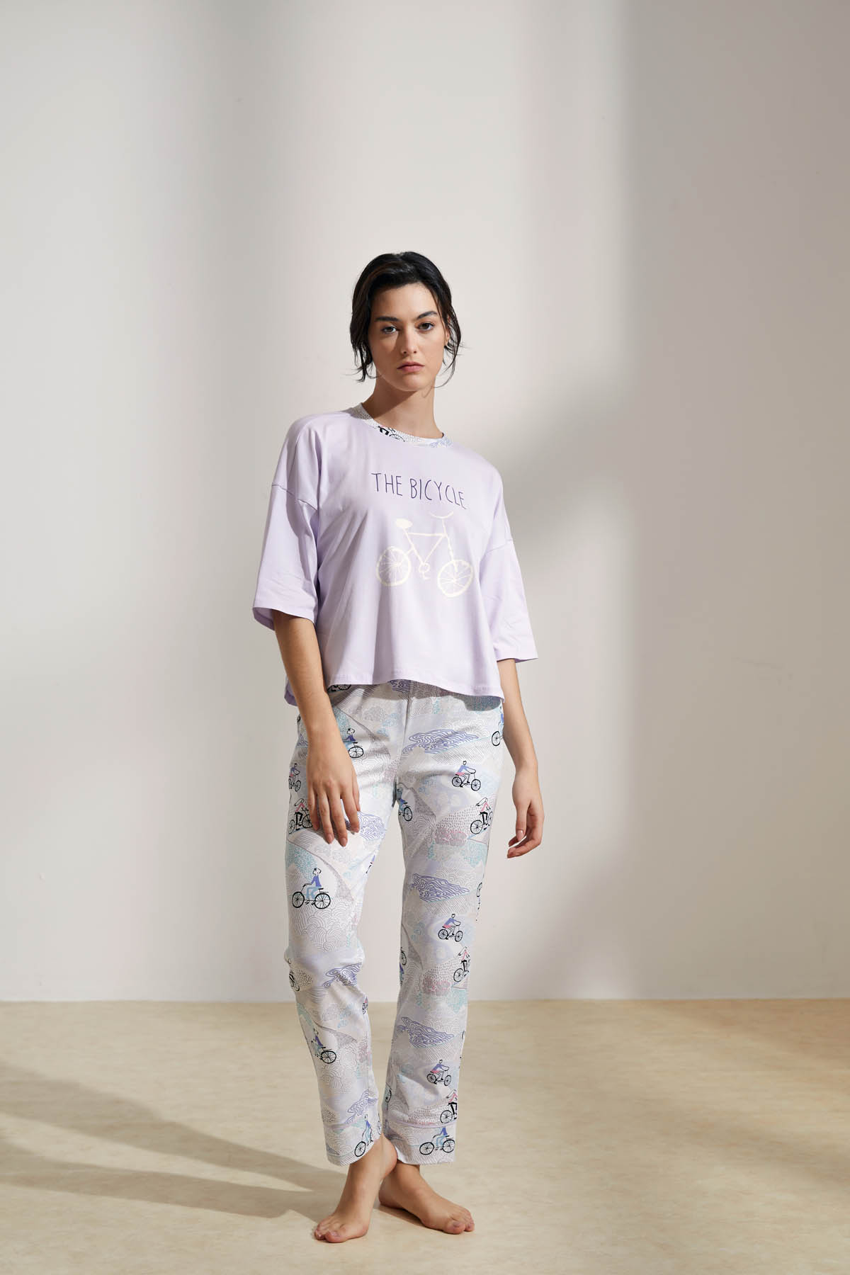 Kadın Pamuklu Kısa Kollu Uzun Pijama Takımı