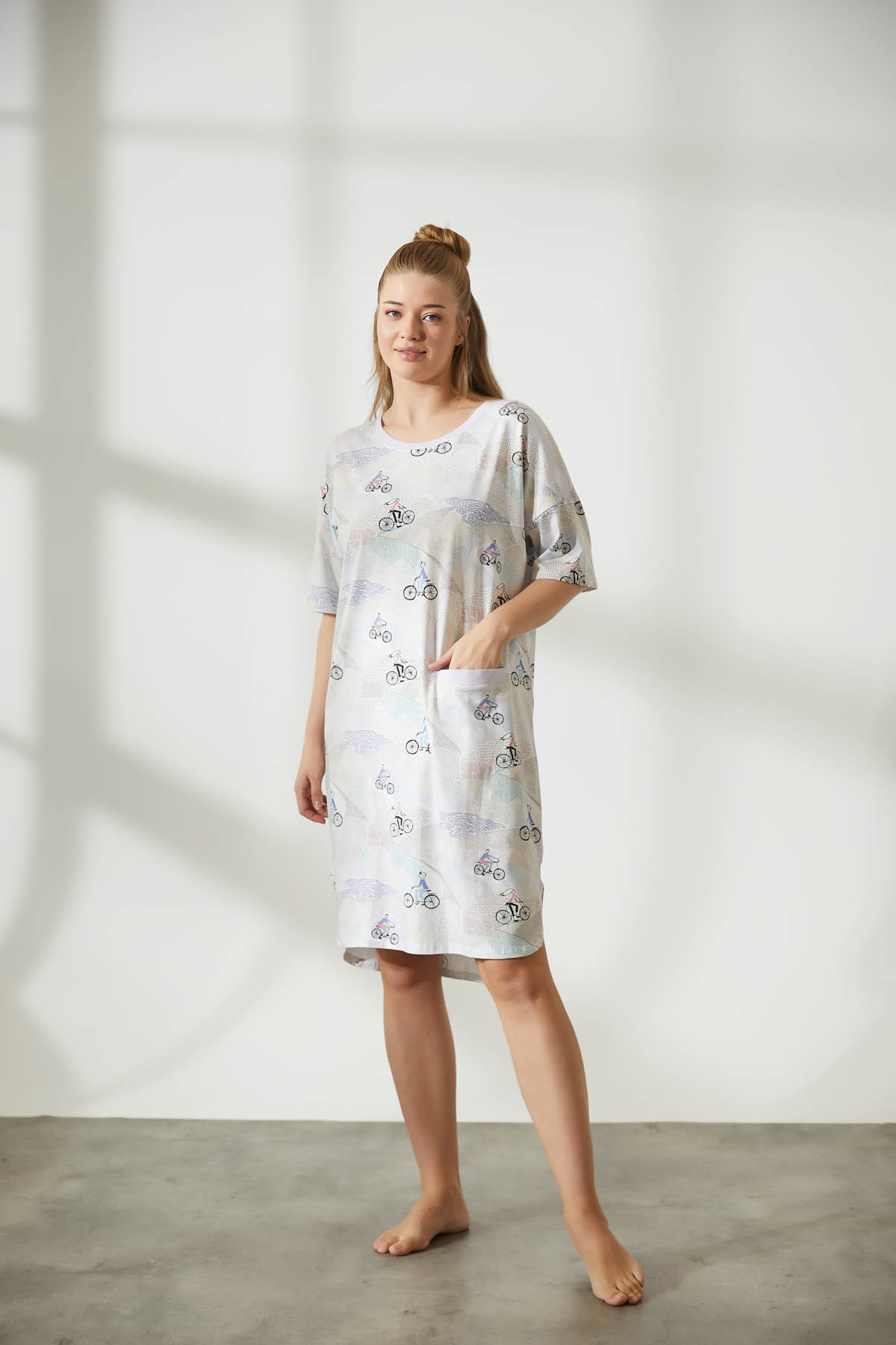 Kadın Plus Size Pamuklu Kısa Kollu Cepli Gecelik