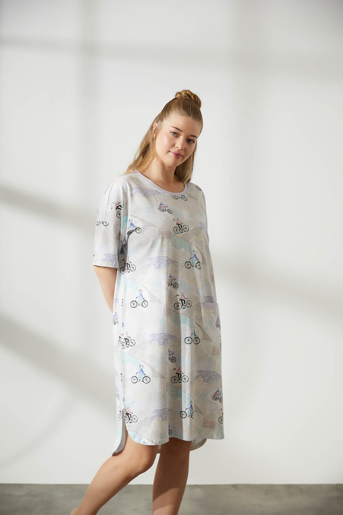 Kadın Plus Size Pamuklu Kısa Kollu Cepli Gecelik