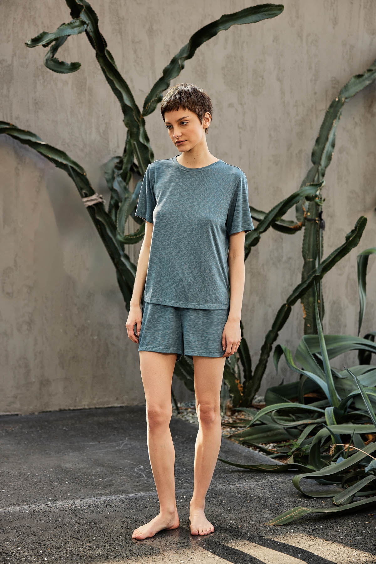 Kadın Flamlı Modal Şortlu Kısa Kollu T-shirt Takım