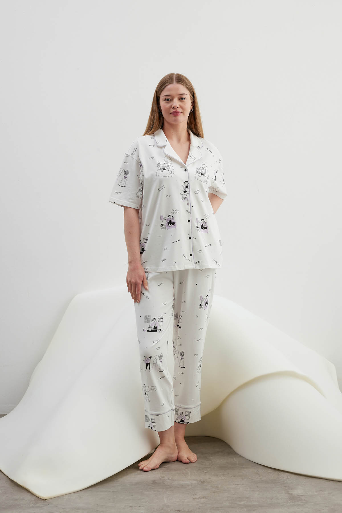 Kadın Plus Size Pamuklu Kısa Kollu Gömlek Uzun Pijama Takımı