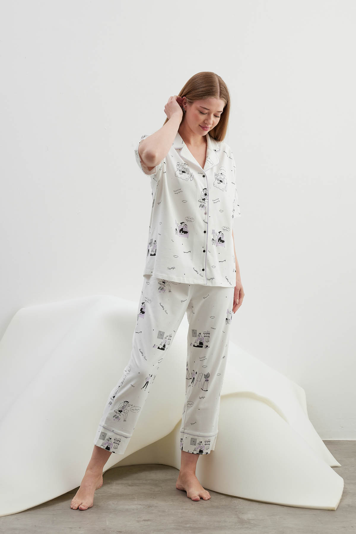 Kadın Plus Size Pamuklu Kısa Kollu Gömlek Uzun Pijama Takımı