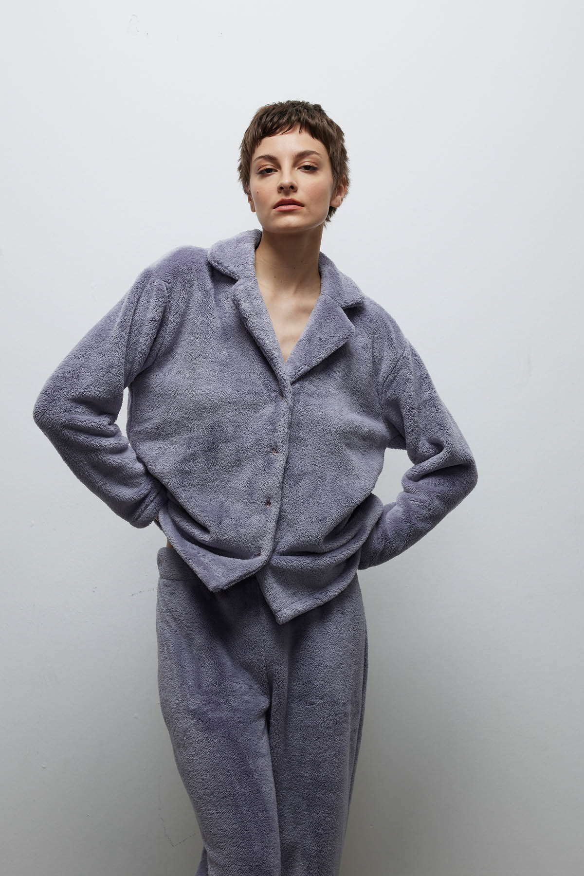 Kadın Yumuşak Dokulu Gömlek Yaka Uzun Takım