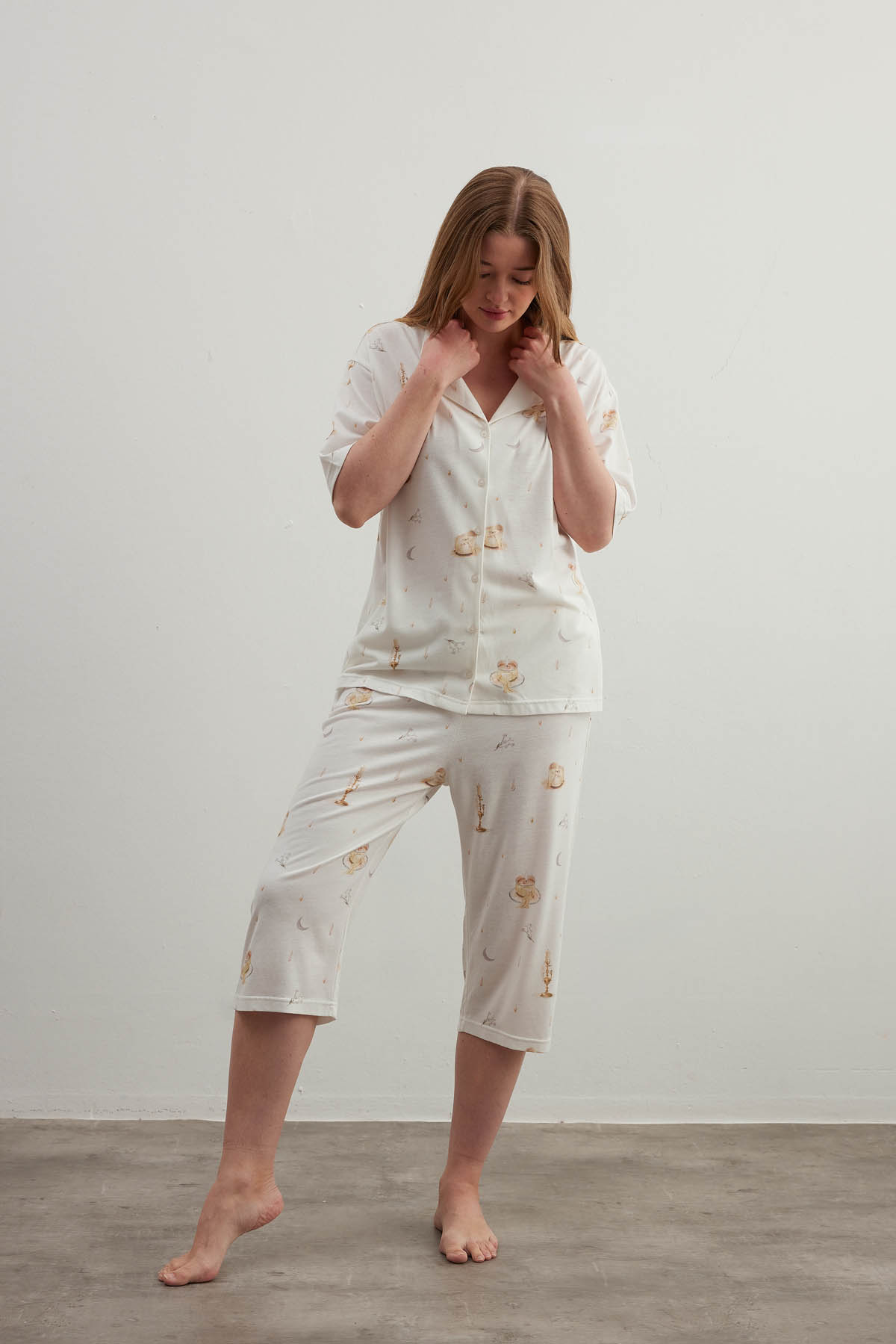 Kadın Plus Size Pamuklu Gömlek Yaka Kapri Pijama Takımı