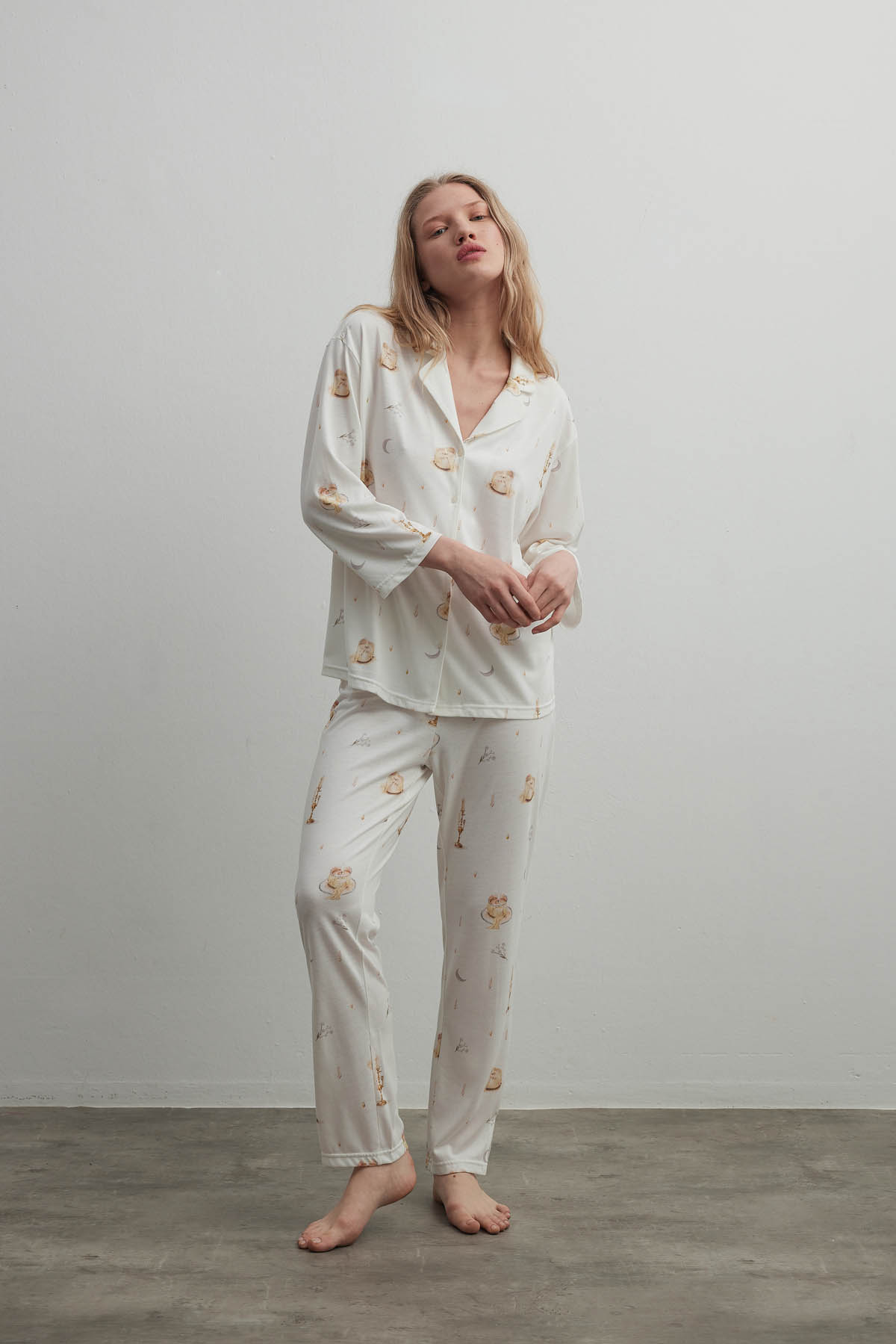 Kadın Pamuklu Uzun Kollu Gömlek Pijama Üstü