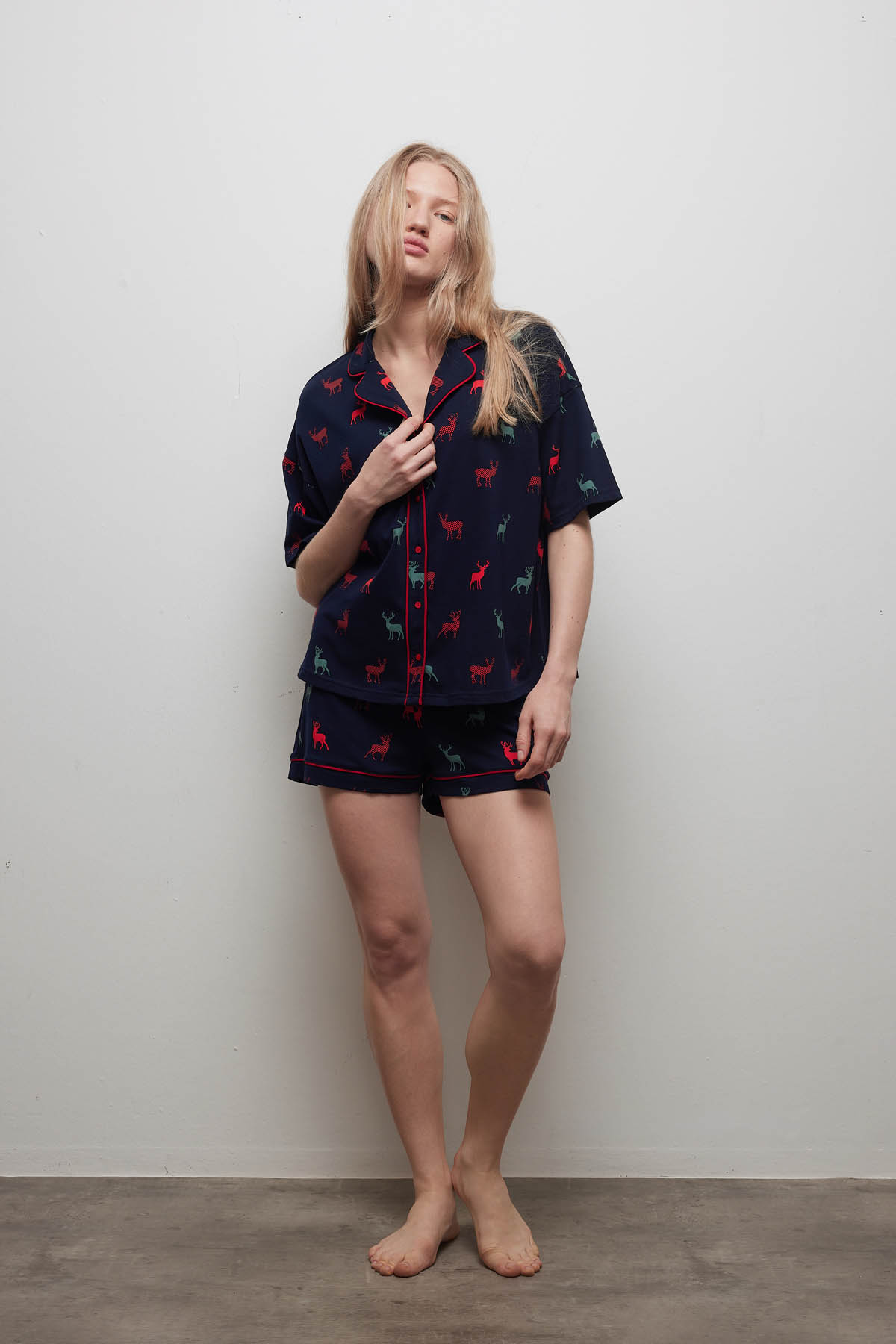 Kadın Pamuklu Kısa Kollu Gömlek Pijama Üstü