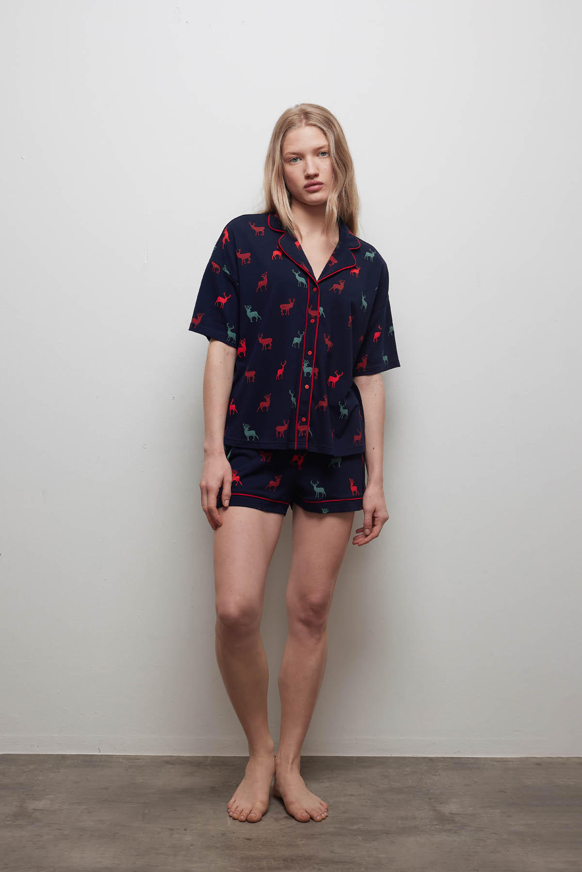 Kadın Pamuklu Kısa Kollu Gömlek Pijama Üstü